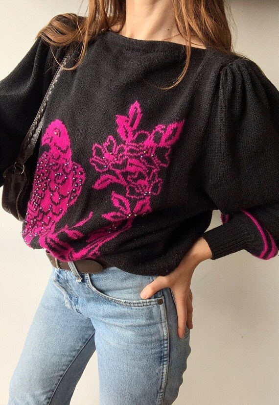 Vintage 80s Luxe Puff sleeve Bird pattern beaded k