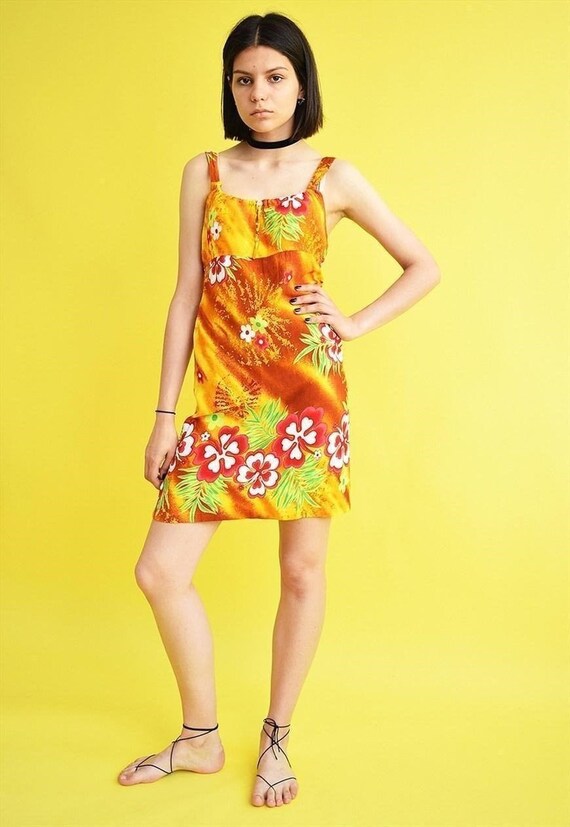 Vintage 90's retro Hawaiian print mini dress women