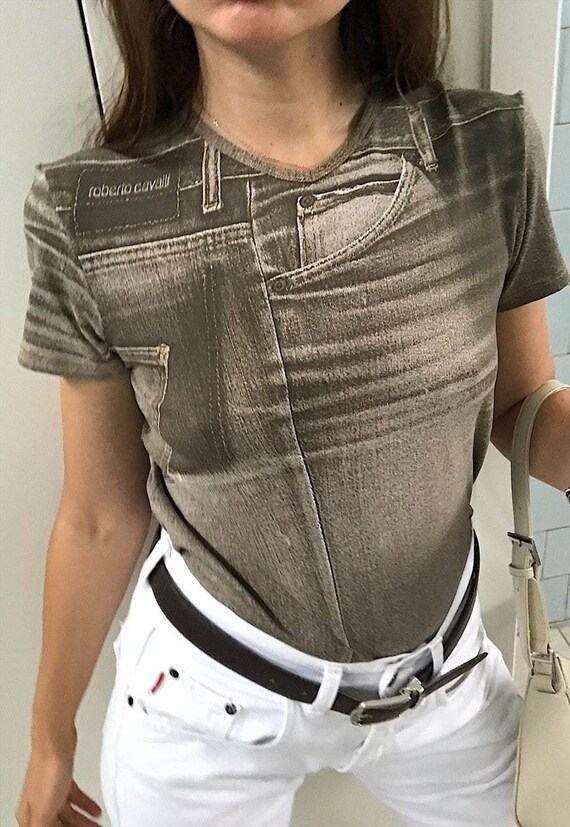 Vintage Y2K ROBERTO CAVALLI denim print top t-shir