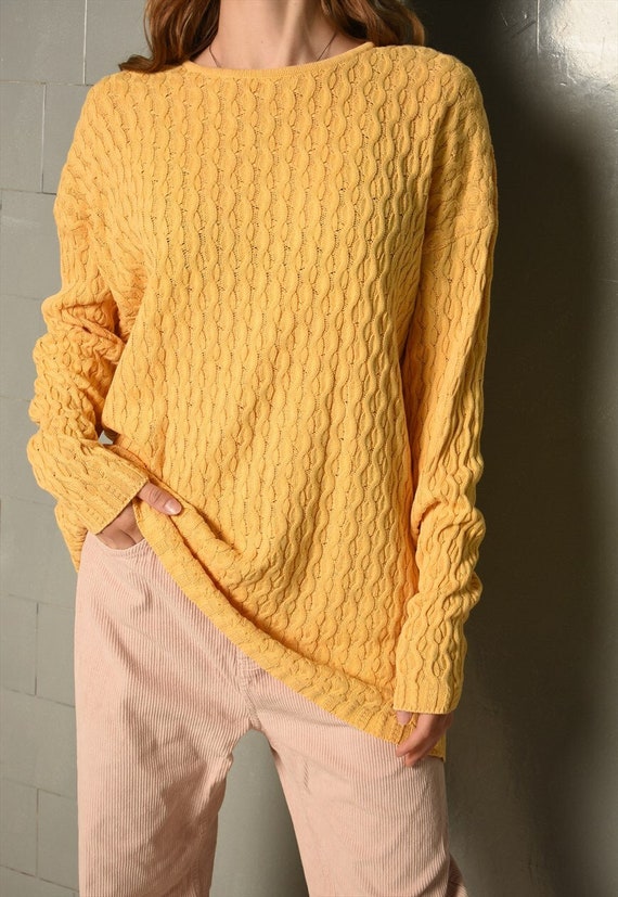Vintage 80s Mustard yellow cable knit jumper pullover Gem