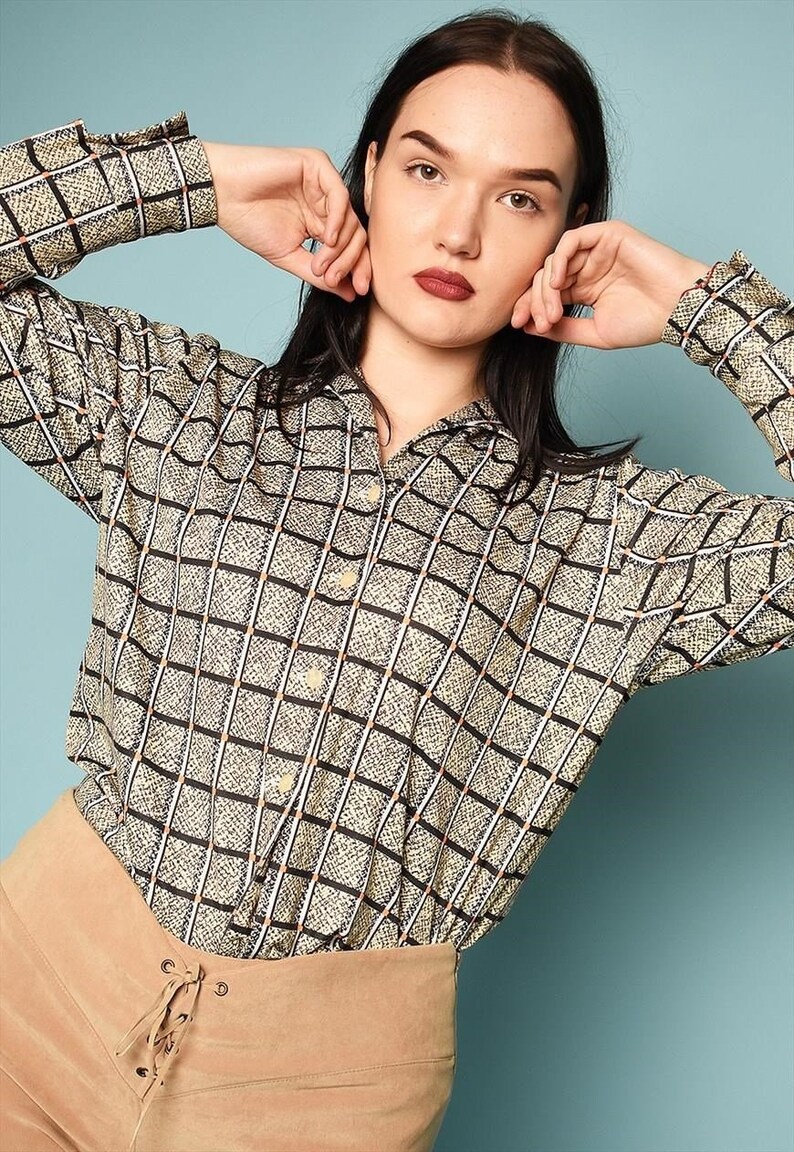 Vintage 70/'s retro festival Mod print oversized shirt top blouse womens woman ladies 1970s blue shirt size xl L uk16 plus size 1960s Mod vtg