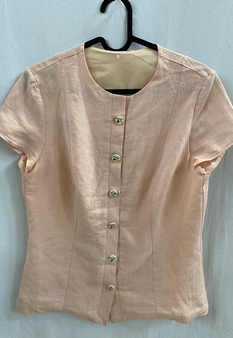 Vintage 90s Linen minimalist pastel pink blouse top blazer