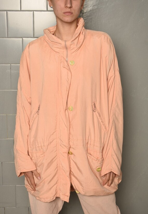 Vintage Pink V Neck Print Fine Cotton Filled Parka Jacket Winter
