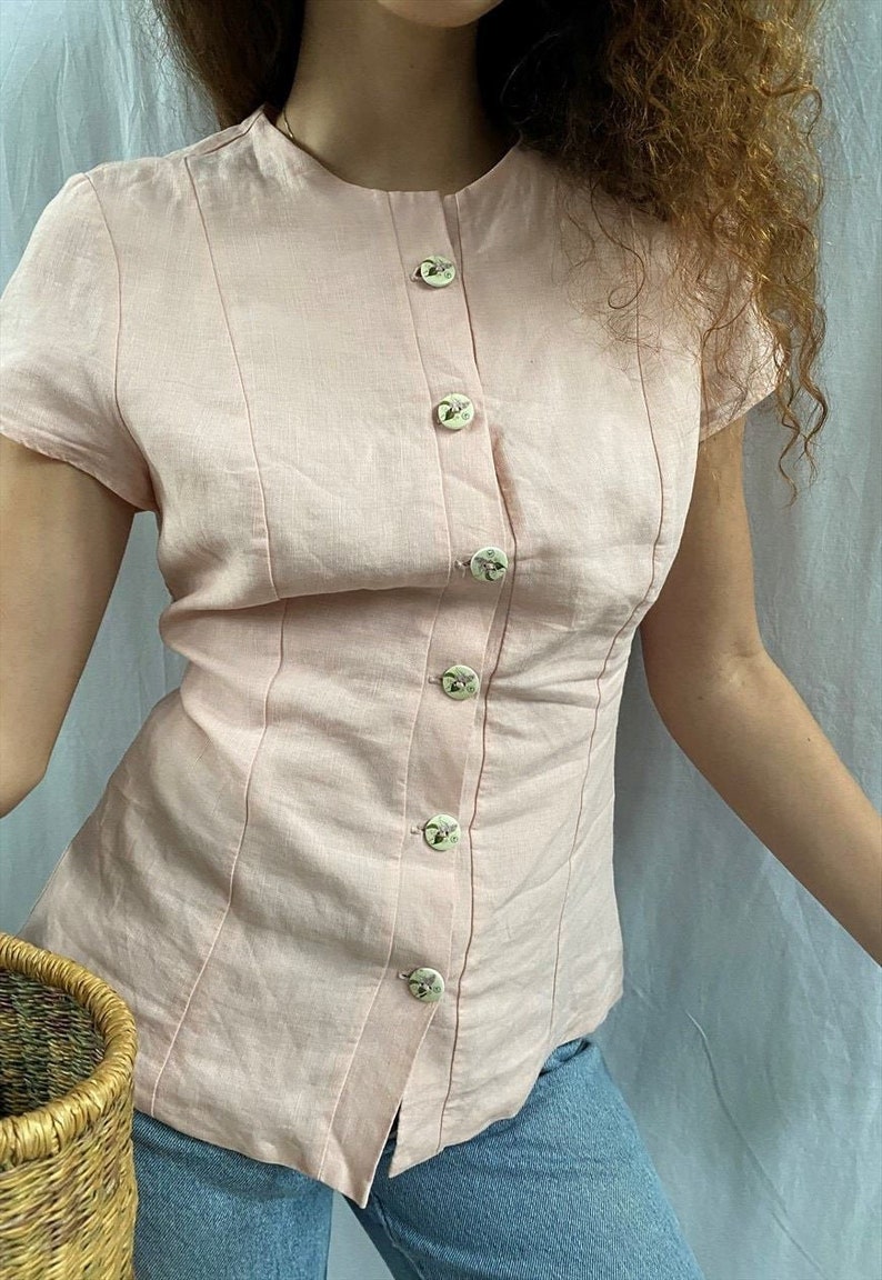 Vintage 90s Linen minimalist pastel pink blouse top blazer