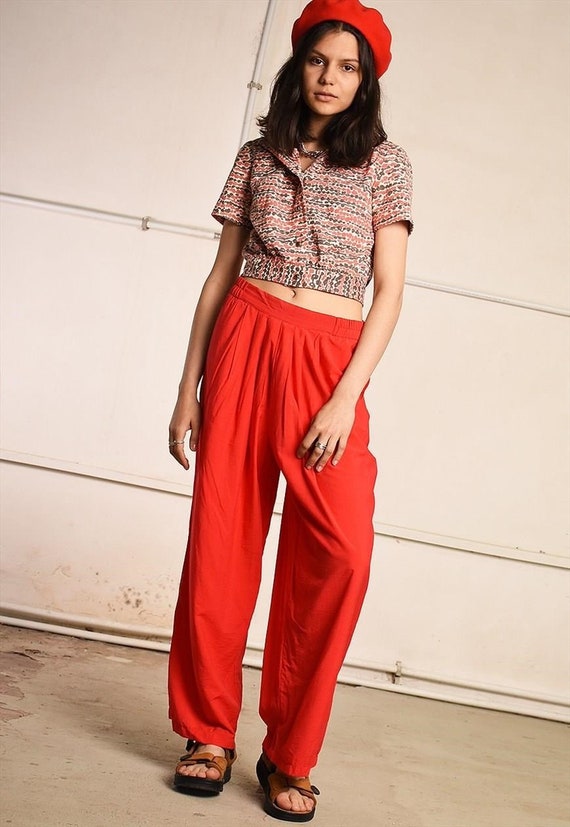 Vintage 80s red draped palazzo trousers pants red… - image 7