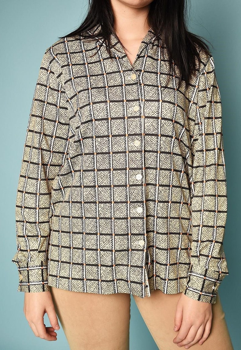 Vintage 70/'s retro festival Mod print oversized shirt top blouse womens woman ladies 1970s blue shirt size xl L uk16 plus size 1960s Mod vtg