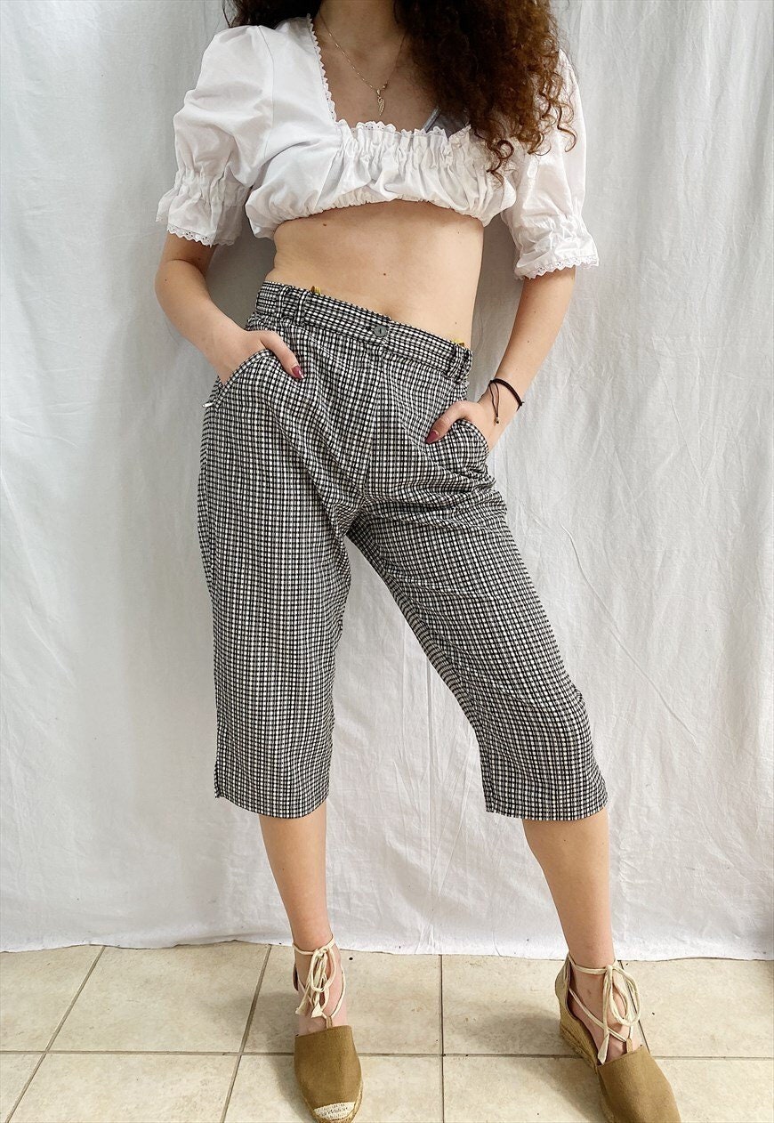 パンツ 80s LANDAU Check Cropped Pant Vtg 80s 90s Plaid & Floral Wide Leg Crop Gaucho Pants - Etsy