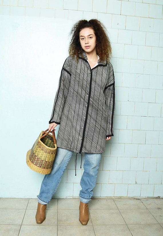 Vintage 70s Mod striped cotton thin puffer parka … - image 1