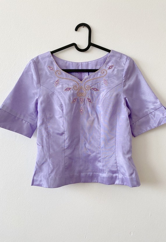 Vintage 90s Lilac Satin Ethnic Boho shimmer top b… - image 4