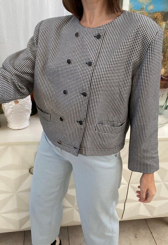 Vintage 80s Dogtooth classy Checked cropped jacke… - image 3