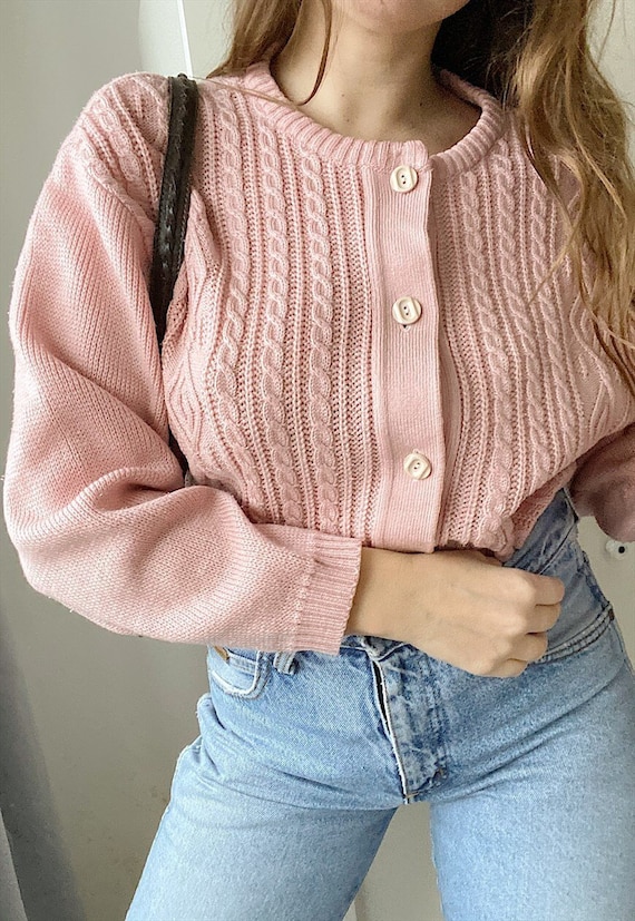Vintage 80s pastel pink knit pastel cardigan jumpe