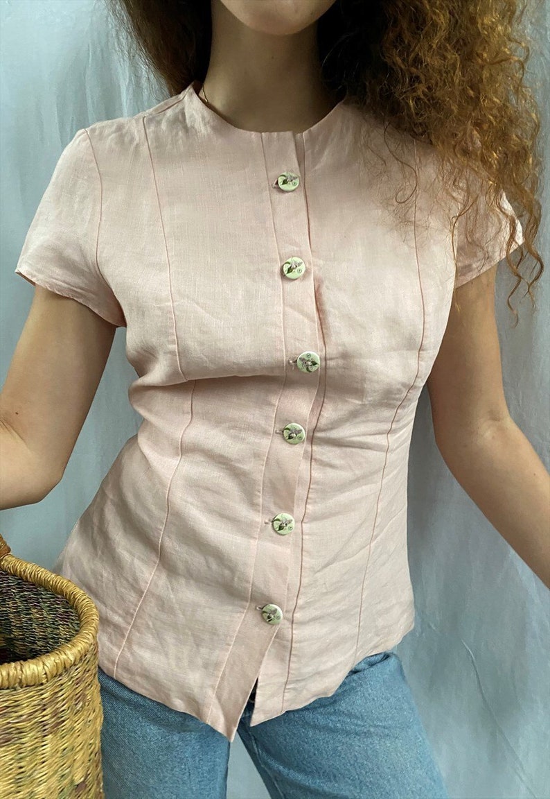 Vintage 90s Linen minimalist pastel pink blouse top blazer