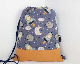 Children's backpack / gym bag Rakentenflug blue / ochre curry (with or without name)