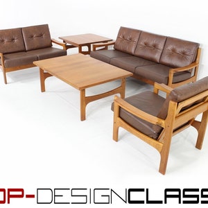Top Danish Mid Century 2x sofa + 1x armchair / vintage lounge chair, teak set / set in leather