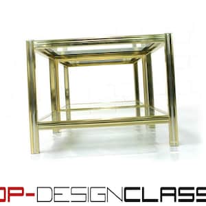 as new, Hollywood Regency Romeo Rega style coffee table, glass table, side table, Italy 1980s, glass, chrome, brass, exhibition condition