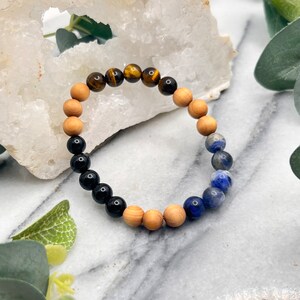 Pulseira elástica com contas de cristal de turmalina e sodalita Focus Tigers Eye 8 mm | Pedra preciosa natural | Pulseira feminina | Presente de aniversário