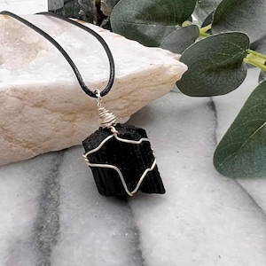 Raw Black Tourmaline Necklace: Silver Wire Wrapped Crystal Jewelry