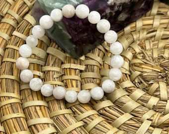 White Moonstone Crystal Gemstone 8mm Beaded Elasticated Bracelet