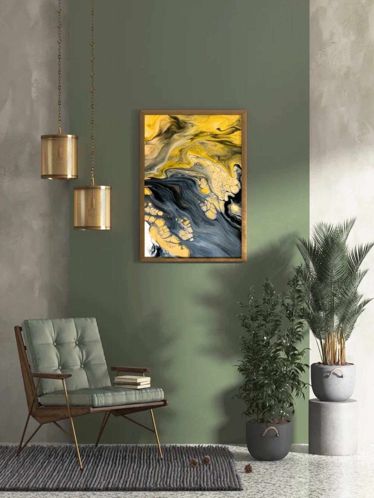 Black and yellow abstract wall decor for living room mustard Etsy