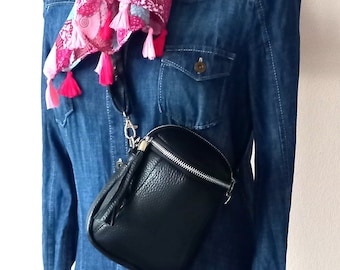 Leder Umhängetasche Crossbody Tasche Schultertasche Handtasche schwarz Slingbag Bag Damen Hipbag Echtleder Geschenk für Sie