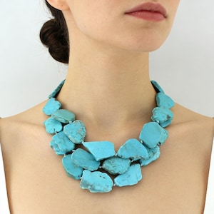 Slab Fashion Multi-strand  Turquoise Necklace,Blue Chunky Turquoise Statement Jewelry,Gift-20-21 inches