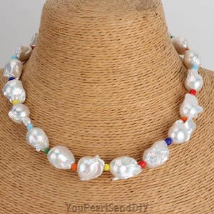 12-15x15-22MM Lovely Handmade Baroque Pearl Necklace,Baroque Pearl&Colorful Small Beads Necklace,Natural Freshwater Pearls,Christmas Gifts