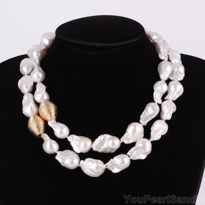 15-18x18-24mm 2 Row Pearl Necklace,Natural White Baroque Pearls&Nugget Gold Bead Necklace, Freshwater Pearl Necklace, Necklace Gift for Her