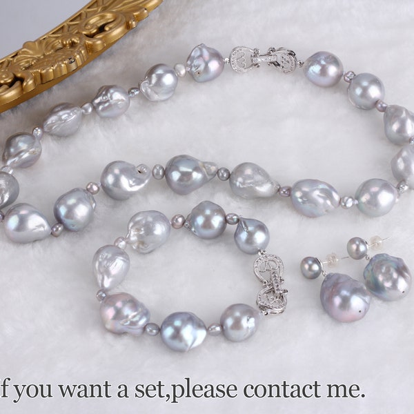 Elegant Set Jewelry,Genuine Silver Gray BaroquePearl,Big Baroque Pearl Necklace,Bracelet,Earrings,Necklace Gift,Wedding Jewerly,Gift for Her