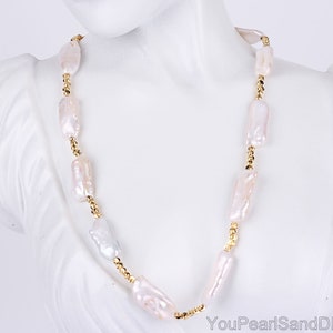 Biwa Pearl Necklace With Golden Beads,Genuine White Stick Freshwater Pearl Choker,Statement Pearl Necklace,Gift For Her,Necklace Gift-NL2334