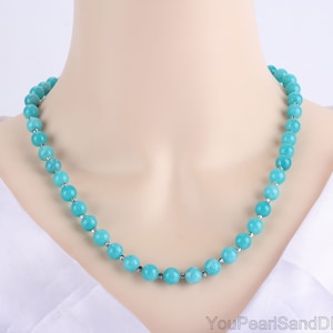 8mm Handmade Blue Smooth Round Jade Beads Necklace,Necklace with Silver Plated Bead,Gemstone Jewellery for Her,Necklace for Anniversary Gift