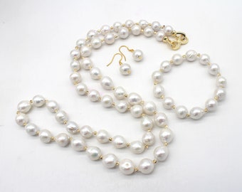 10-11mm Hanmade White Pearls Jewelry Set,Freshwater Edison Pearl Necklac/Bracelet/Earrings,Choose Color,Anniversary Gift,Gifts For Her-SPN82