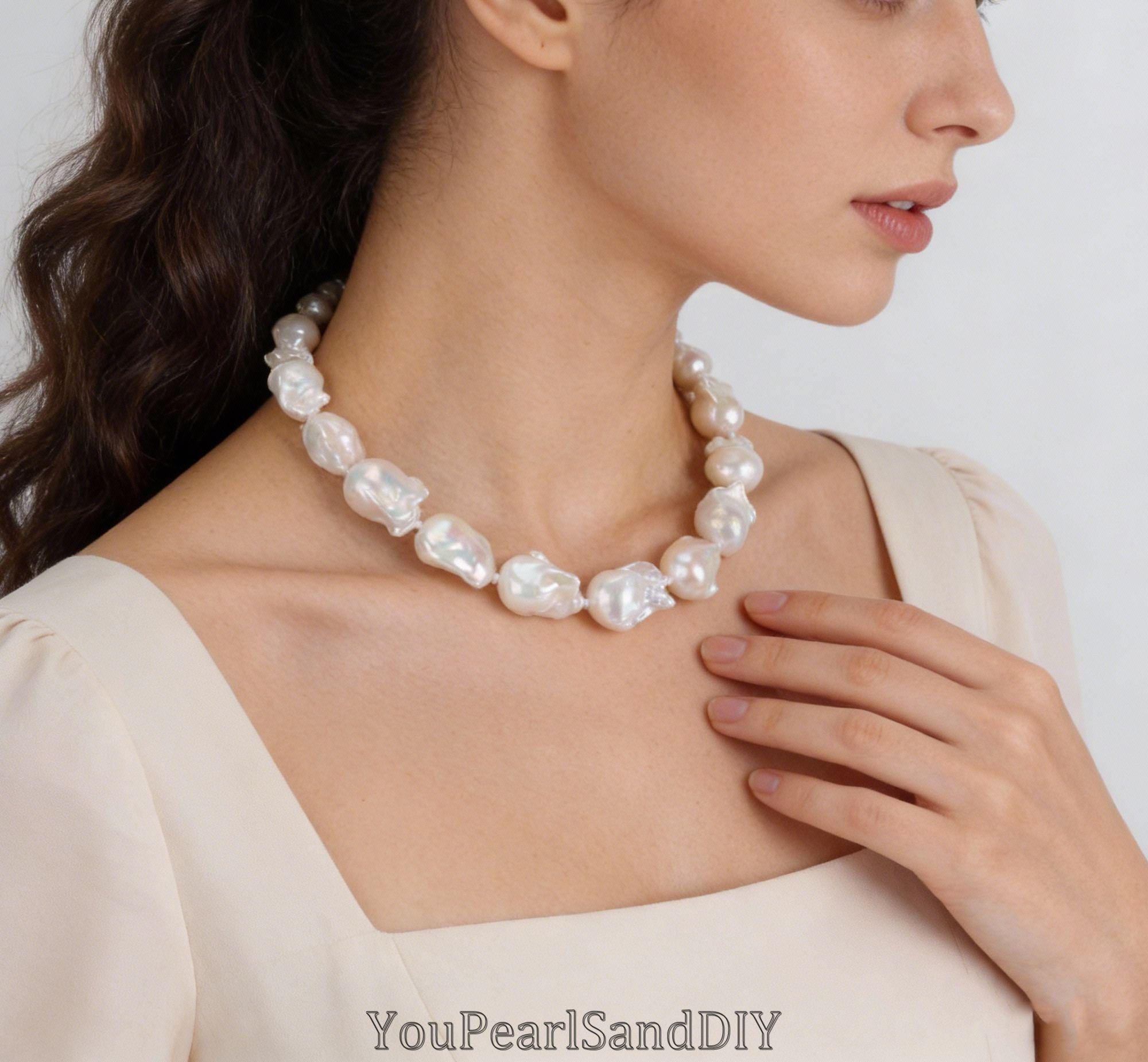 12-15x15-22mm Handmade Knotted Natural White Freshwater Pearl
