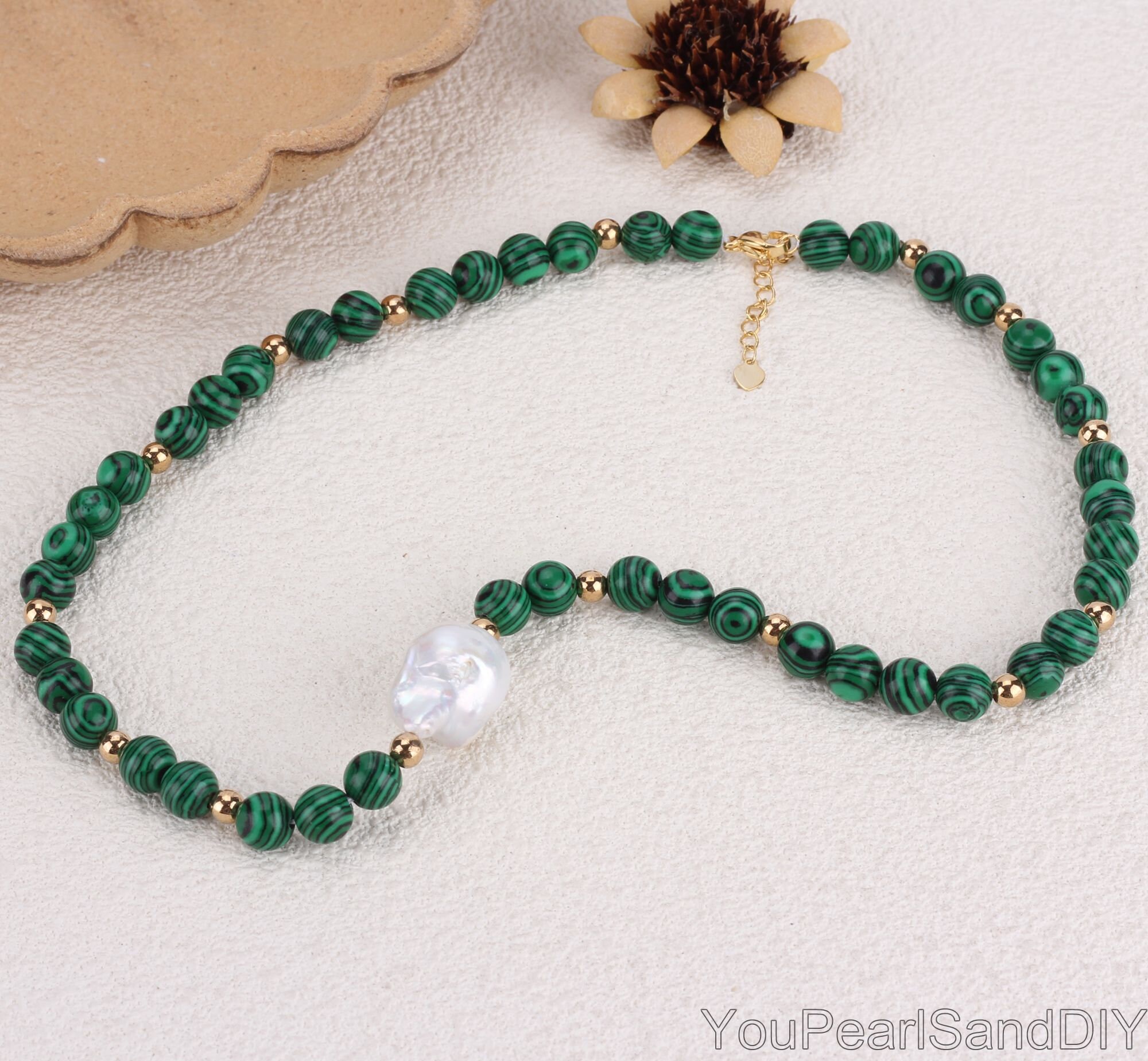 Handmade Green Round Malachite&natural White Freshwater Baroque