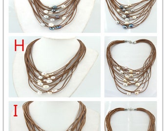 Only I !! White Baroque Pearl Leather Necklace,Pearl and Leather,Brown Leather Pearl necklace,Multi Strand Necklace,Necklace For Women-FPN09