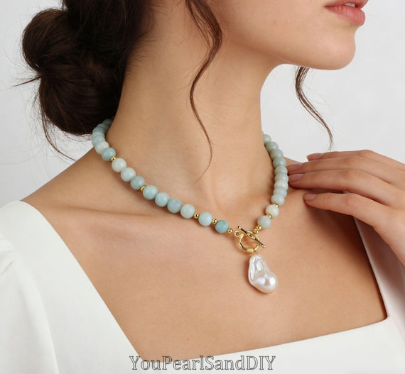 8mm Natural Amazonite Beads&white Baroque Pearl,handmade Gemstone