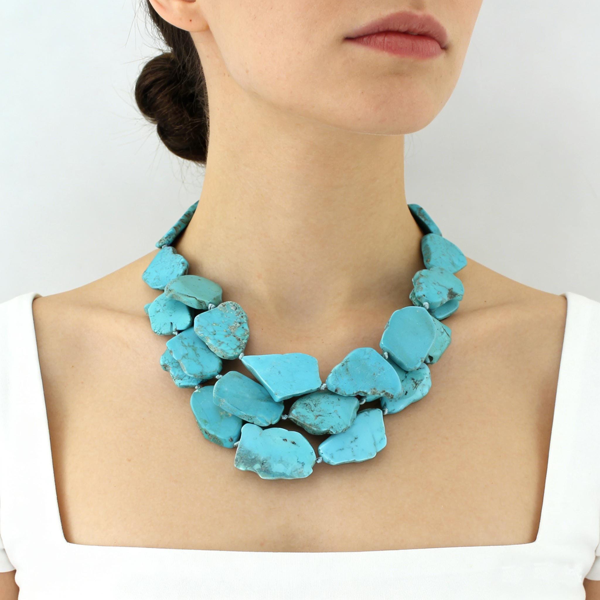 Superbe Collier En Argent Massif Avec Turquoise De Perse Naturelle - 215 Carats - 45 Cm