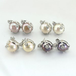 11-12mm Unique Genuine Freshwater Pearl Stud Earrings,Handmade Silver Plated Pearl Earrings,Pearl Jewelry,Wedding/Birthday Gifts,Wholesale