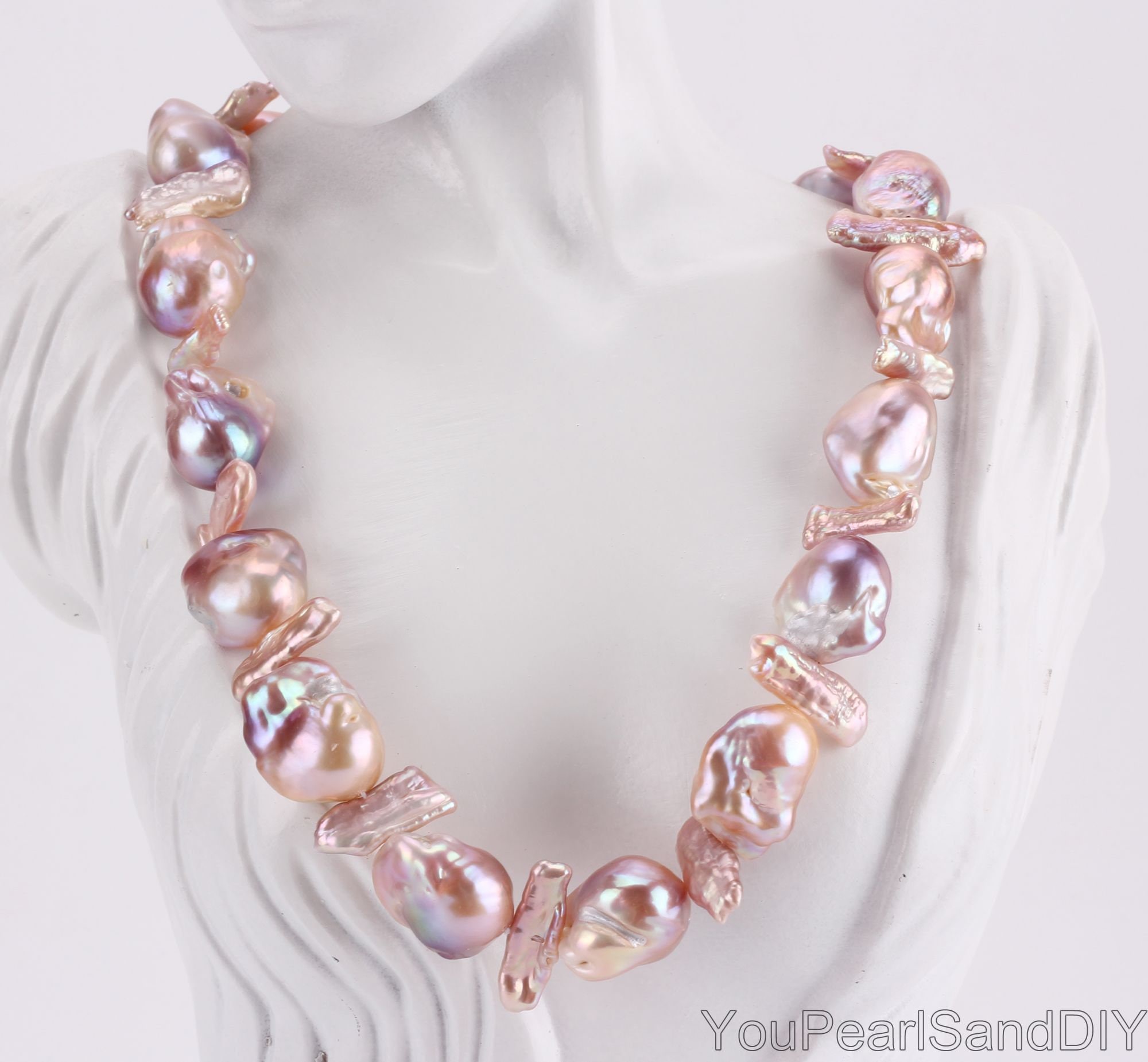 High Luster Shining Mix Baroque Pearl Necklace,Natural Color Biwa/Baroque Pearls Necklace,Flameball Freshwater Pearl Jewelry,Gift for Her