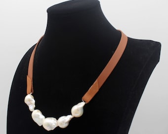 Collar de perlas grandes, collar ajustable de perlas de agua dulce y cuero, elegante collar de perlas, collar de perlas llamativo. Regalos para ella - NL2251