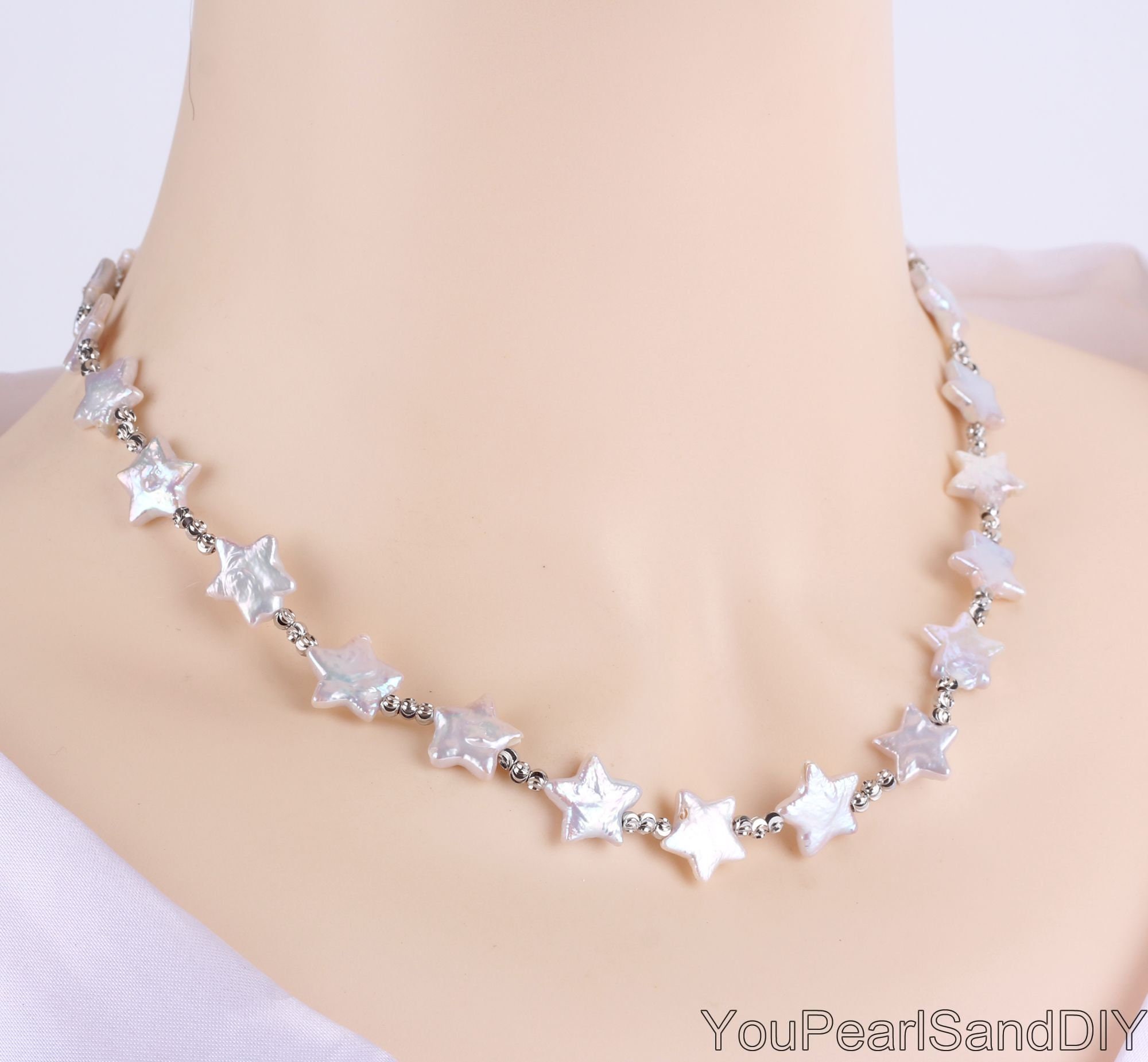 Handmade 13mm Natural White Freshwater Star Pearl Necklace/choker