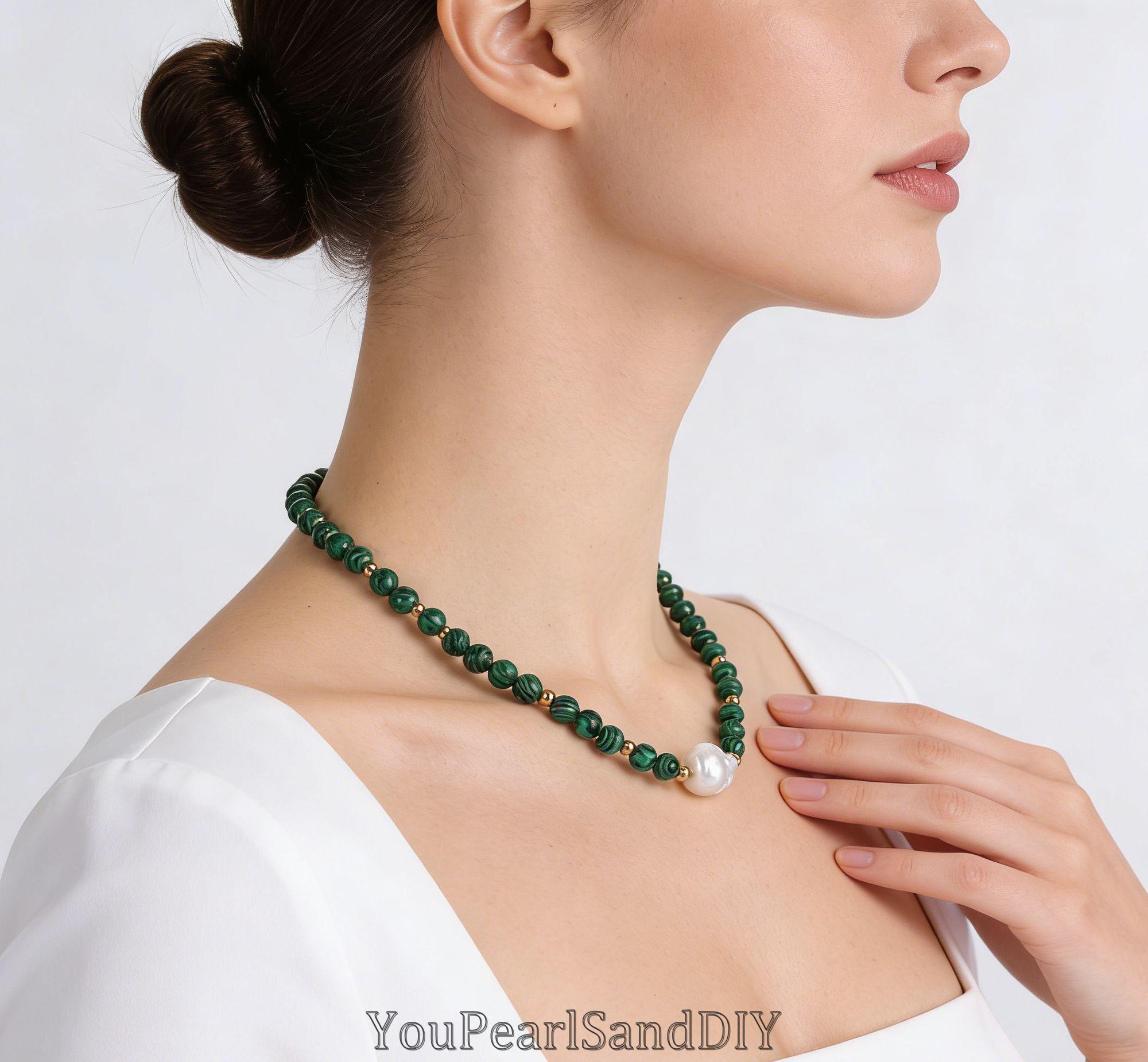 Handmade Green Round Malachite&natural White Freshwater Baroque