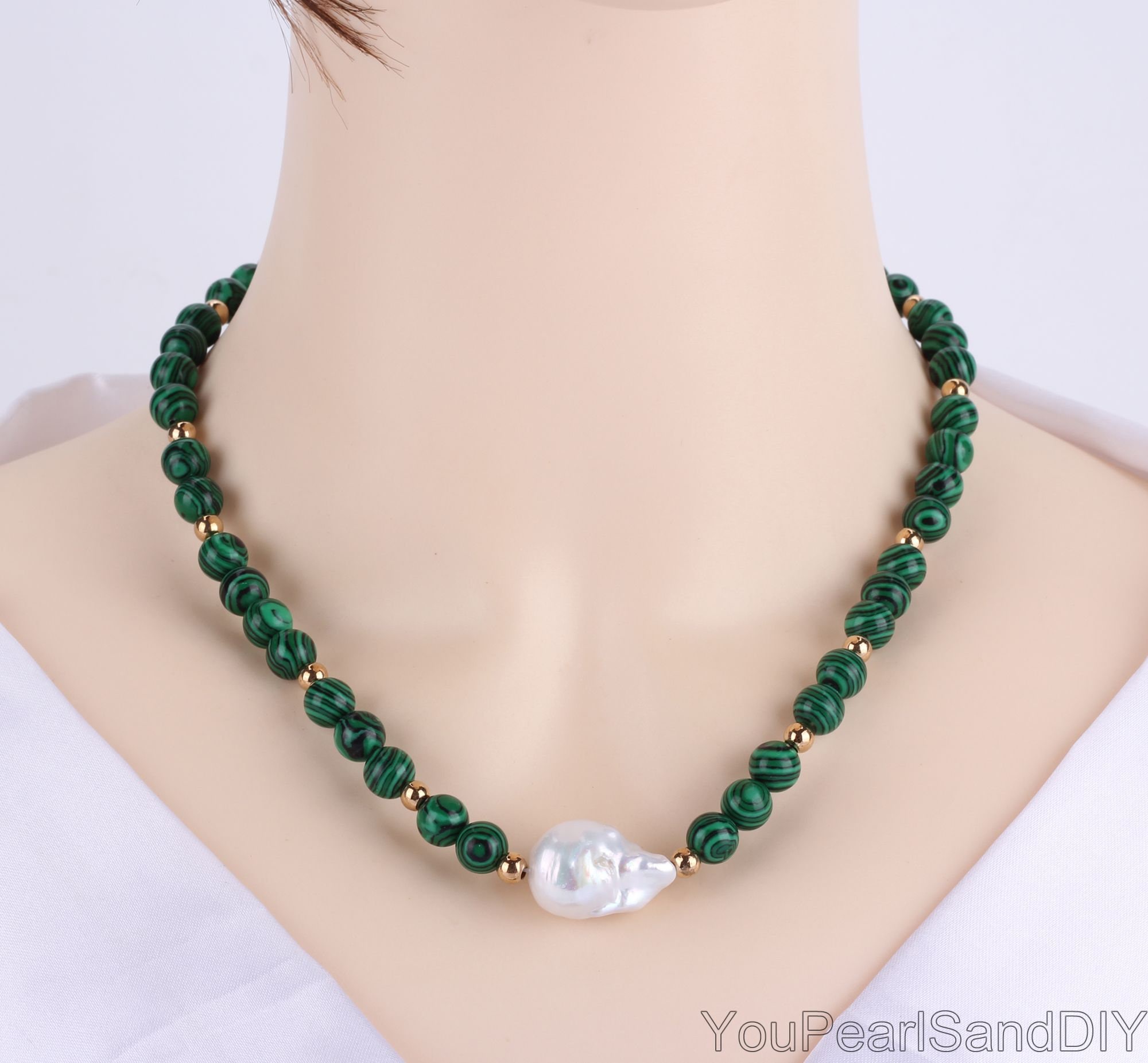 ネックレス・ペンダント Handmade green pearl necklace Handmade Green Round Malachite&natural White Freshwater Baroque