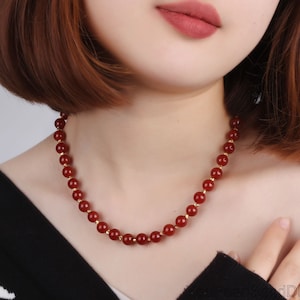 8mmHandmade Natural Red Round Agate Beaded Necklace,Agate Gemstone Choker,Red Agate Necklace for Her,Healing Agate Gemstone,Anniversary Gift