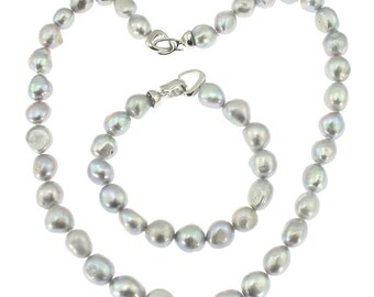 Handmade Dyed Gray Freshwater Pearl Necklace/Bracelet,Gray Baroque Pearl Set,Pearl Necklace/Bracelet, Wedding Party Jewelry,Gift for Women