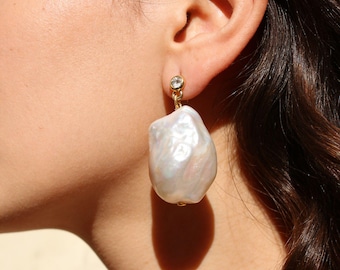 Genuine Large Baroque Pearl Earrings, Handmade Statement Natural Pearl Jewelry Gift for Her