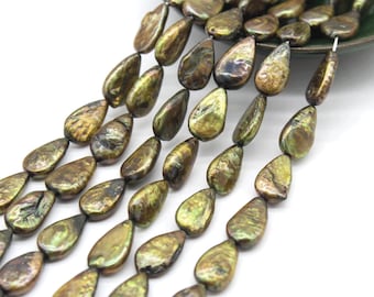 AA + Sage Green Baroque Teardrop Pearls,Genuine Drop Coin Freshwater Pearl Beads,Loose Pearls For Jewelry Making-----15.5 Inches - PS2250