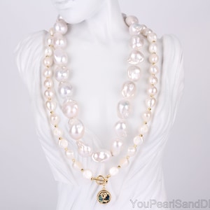 Unique Pearl Necklace,Genuine Natural Freshwater Pearl Necklace,2 Rows Chunky White Baroque Pearl Necklace, Bridal Jewelry Gift-NL2364