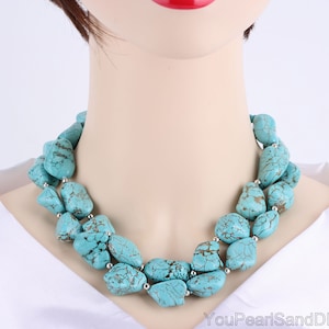 Beautiful 2 Layered Handmade Turquoise Necklace,Statement Turquoise Necklace,Blue Chunky Turquoise,Turquoise Jewelry,Necklace Gifts for Her