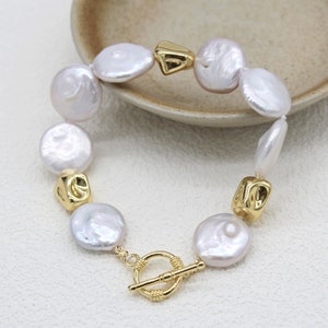 16-17 mm Natural White Coin Pearls Bracelets,Handmade Natural Flat Pearls Bracelets,Bridal Bracelet,Gifts for Her,Women&#39;s Bracelets-PB2304