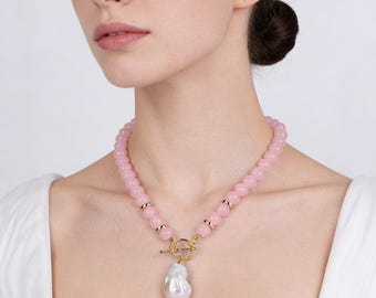 8 mm rosa runt jadepärlhalsband med barockpärlhänge, smycken med helande ädelstenar, present